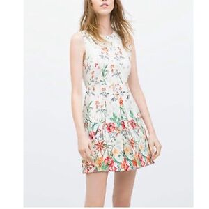 Zara Women Pleated Cream Floral Dress - Size S